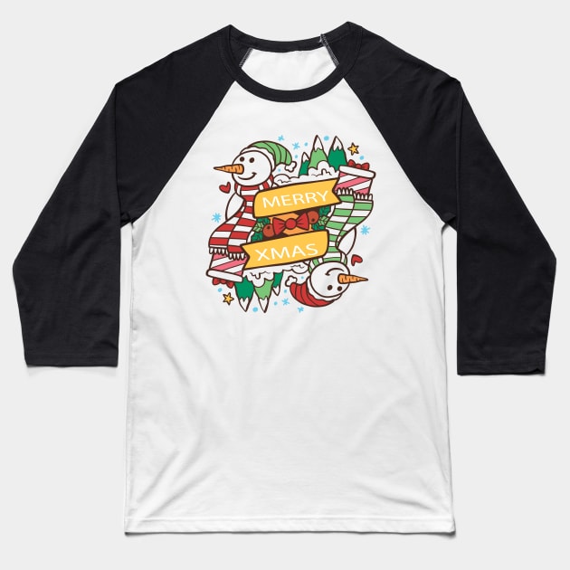 Merry Xmas Snowman Hand Drawn Baseball T-Shirt by Mako Design 